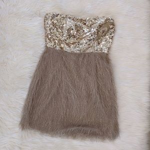 Gold Sequin and Beige Feathers Strapless Dress